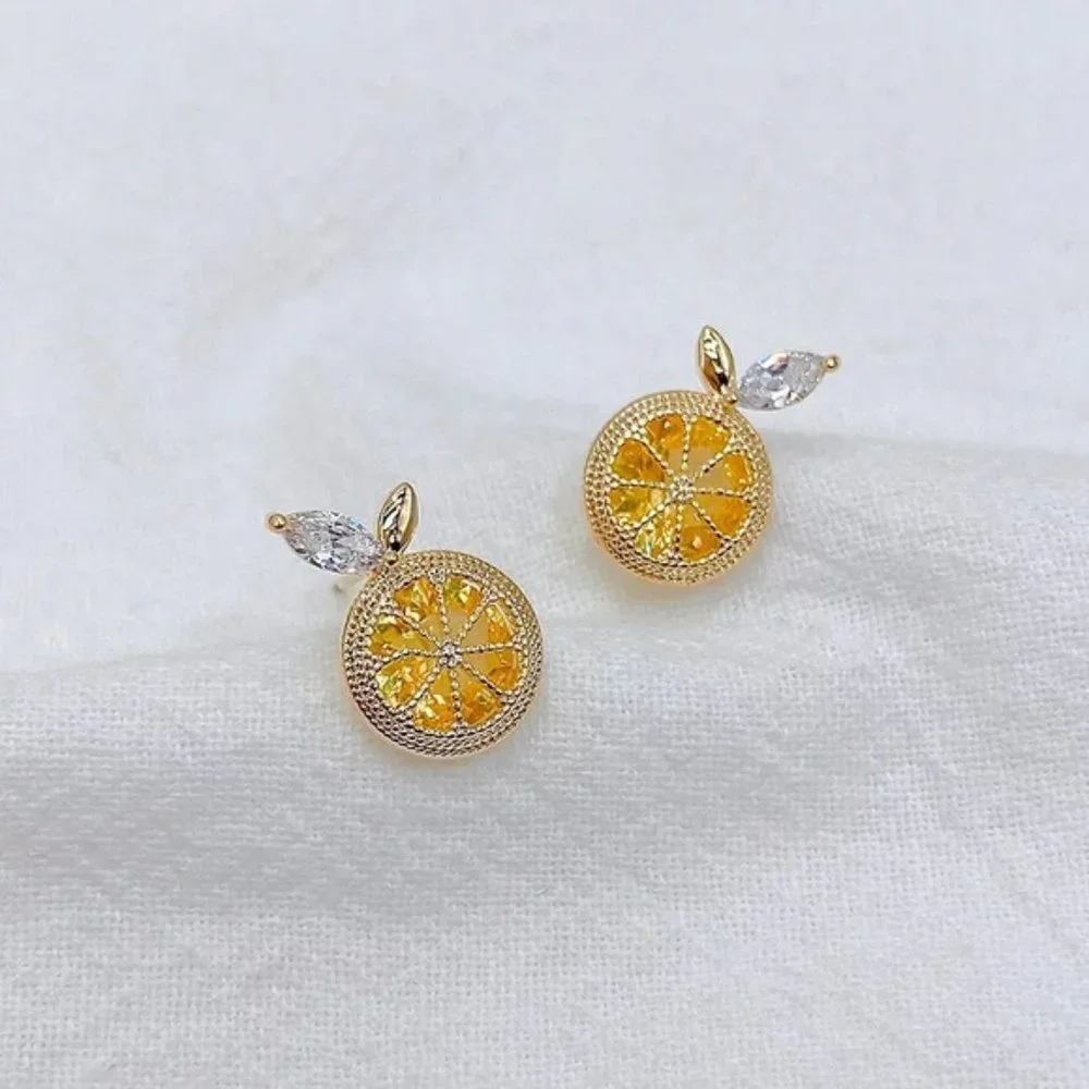 Jeweled Orange Diamond Fruit Gold Stud Minimalist Dainty Luxury Unique Earrings
